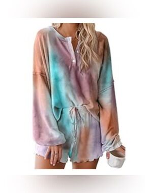 Tie-Dye Sleep Set - Pastel Multi Color Long Sleeve Top & Shorts